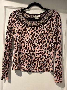 Doncaster Pink Leopard-Print Long Sleeve Scoop Neck Top